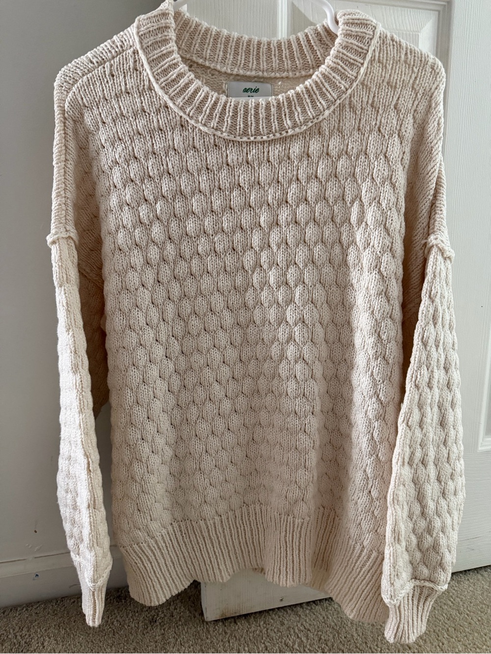 aerie Cream Cable-Textured Crewneck Sweater